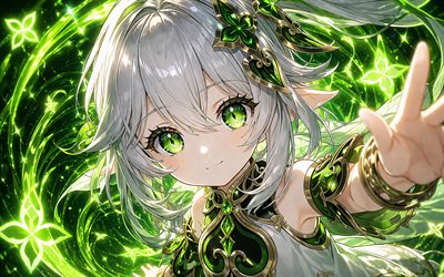 nahida voadora, 4k, flores de néon verdes, impacto genshin, olhos verdes, nahida, fundo abstrato verde, protagonista, mangá, personagens do impacto genshin, obra de arte, impacto nahida genshin