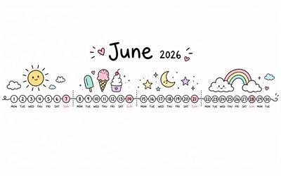 4k, 2026 June Calendar, minimalism, white background, June 2026, summer calendars, June 2026 Calendar, summer, June calendars, 2026 calendars, June