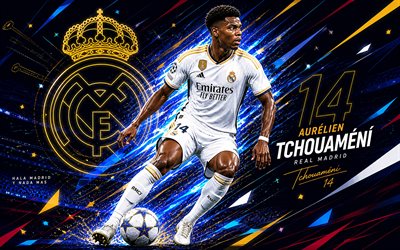 4k, aurelien tchouameni, real madrid cf, arte vectorial, fondo vectorial abstracto blanco, aurelien tchouameni real madrid cf, arte creativo, logotipo del real madrid cf, aurelien tchouamenireal madrid, fútbol americano, real madrid