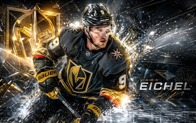 jack eichel, 4k, gri dijital arka plan, vegas altın şövalyeleri, nhl, hokey, jack eichel'ın 4k'sı, vegas altın şövalyeleri logosu, hayran sanatı, jack eichel vegas altın şövalyeleri