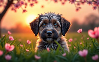 4k, chiot berger de bergame, coucher de soleil, printemps, fleur de cerisier, chiens, animaux mignons, chiots, animaux de compagnie, chien de berger de bergame, bokeh, fleurs de printemps