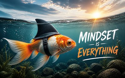 4k, mindset är allt, guldfisk med hajfena, tankesätt citat, guldfisk under vatten, mindset is everything koncept, guldfisk, inspiration, mindset är allt konst, motiverande citat