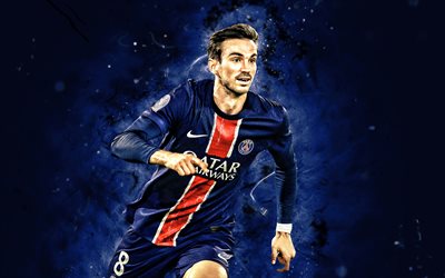 4k, Fabian Ruiz, blue abstract background, Paris Saint-Germain, Ligue 1, spanish footballers, Fabian Ruiz 4K, blue neon lights, football, soccer, PSG, Fabian Ruiz PSG