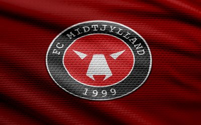 fc midtjylland 패브릭 로고, 4k, 빨간색 직물 배경, 덴마크 슈퍼 리가, 보케, 축구, fc midtjylland 로고, fc midtjylland emblem, fc midtjylland, 덴마크 축구 클럽, midtjylland fc