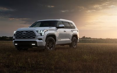 Toyota Sequoia, 4k, offroad, 2025 cars, SUVs, sunset, luxury cars, White Toyota Sequoia, 2025 Toyota Sequoia, japanese cars, Toyota