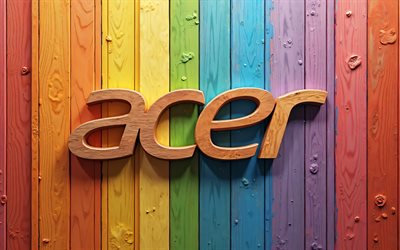 4k, Acer wooden logo, colorful wooden backgrounds, bokeh, Acer 3D logo, artwork, Acer logo, electronics brands, Acer