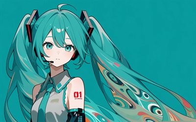 4k, hatsune miku, arte abstracto, fondo turquesa, vocaloide, cv01, vocaloid 01, personajes vocaloides, hatsune miku vocaloid