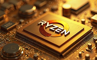4k, ryzen golden 3d logo, dmla, carte mère dorée, logo ryzen, emblème ryzen, processeurs ryzen, ryzen