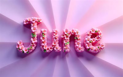 junio, 4k, letras florales rosas, creativo, antecedentes abstractos violetas, conceptos de junio, nombres de meses, inscripción de junio, palabra de junio, antecedentes con junio
