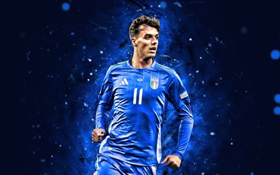 Giacomo Raspadori, 4k, blue neon lights, Italy national football team, italian footballers, football, soccer, national teams, Giacomo Raspadori 4K, Europe, FFF, Azzurri, Giacomo Raspadori Italy Team