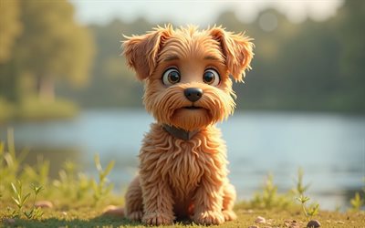 4k, cute 3d Lakeland Terrier, cartoon 3d Lakeland Terrier, cute animals, Lakeland Terrier, 3d animals, cartoon 3d animals, funny Lakeland Terrier, little Lakeland Terrier, orange background, dogs