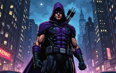 4k, هوك, nighscape, الأبطال الخارقين, فن الكوميديا, marvel comics, ليلة, 3d, فن المعجبين, hawkeye 4k