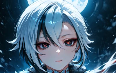 4k, arlecchino, luna, impatto di genshin, avvicinamento, occhi rossi, personaggi anime, opera d'arte, notte, personaggi di genshin impact, impatto di genshin di arlecchino