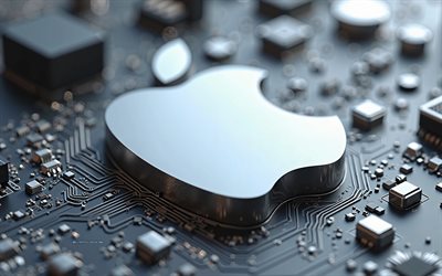 Apple metal logo, 4k, Apple emblem, chip on a chip, Apple 3d logo, silver motherboard, close-up, Apple logo, Apple sign, Apple