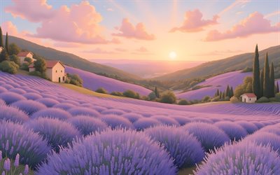 4k, abstract landscapes, lavender fields, sunset, mountains, meadows, summer, artwork, fields of lavender, abstract nature scenery