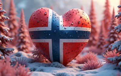 4k, jag älskar norge, vinterlandskapsbakgrund, kreativ, norge day, norges flagg, hjärta med norsk flagga, 3d  konst, bokhög, 3d  hjärtan, norsk flagga, norge, kärlek till norge