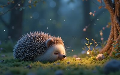 schlafer igel, 4k, gute nachtkonzepte, süße tiere, gute nacht 3d  inschrift, schlaf kleiner süßer igel, gute nacht