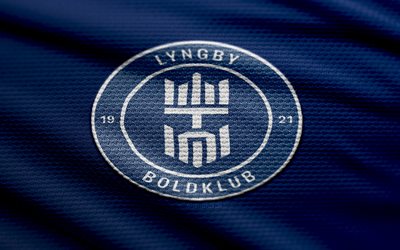 logo lyngby bk fabric, 4k, sfondo in tessuto blu, superliga danese, bokeh, calcio, logo lyngby bk, emblema di lyngby bk, lyngby bk, club di calcio danese, lyngby fc
