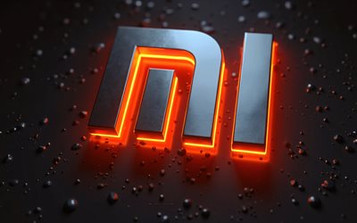 4k, Xiaomi 3d metal logo, orange neon lights, Xiaomi logo, black background, Xiaomi emblem, Xiaomi art, Xiaomi