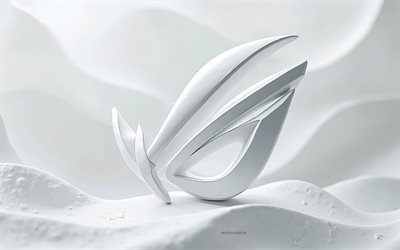logo rog white 3d, 4k, sfondo 3d bianco, logo rog, repubblica dei giocatori, rog emblem, sfondo di pietra bianca, rog, asus rog