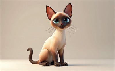 4k, süße 3d  siamesische katze, cartoon 3d siamese katze, süße tiere, siamkatze, 3d  tiere, cartoon 3d  tiere, lustige siamesische katze, kleine siamesische katze, orangefarbener hintergrund, katzen
