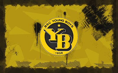 BSC Young Boys grunge logo, 4k, Swiss Super League, yellow grunge background, soccer, BSC Young Boys emblem, football, BSC Young Boys logo, BSC Young Boys, Swiss football club, Young Boys FC