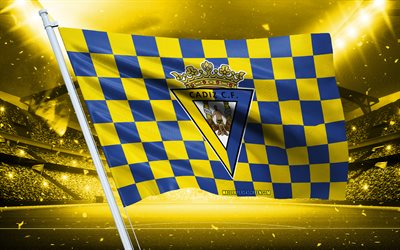 4k, Cadiz CF logo, Spanish football club, stadium flag, Cadiz CF fans flag, yellow blue flag, Cadiz CF emblem, Segunda, Spain, football, Cadiz CF