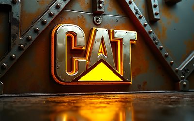 4k, Caterpillar metal logo, factory, yellow neon lights, metal backgrounds, Caterpillar 3D logo, creative, CAT, Caterpillar logo, manufacturer brands, Caterpillar, CAT logo
