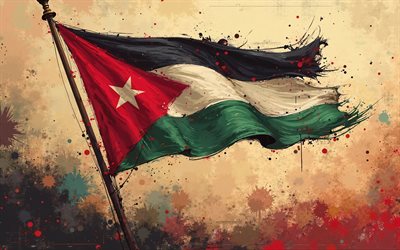 bandiera della giordania sul pennone, jordan paint splashs band, grunge art, flag di giordania, sfondo grunge, bandiera della giordania, giordania