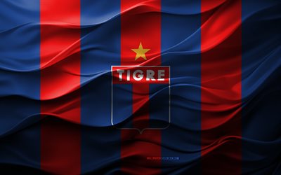 4k, CA Tigre logo, red blue 3d background, Argentina Primera Division, CA Tigre emblem, Argentina football team, CA Tigre flag, 3d texture, Argentina, CA Tigre, football, soccer, Tigre