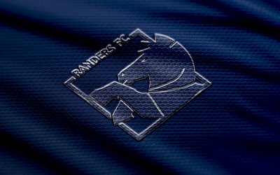 Randers FC fabric logo, 4k, blue fabric background, Danish Superliga, bokeh, soccer, Randers FC logo, football, Randers FC emblem, Randers FC, Danish football club, FC Randers