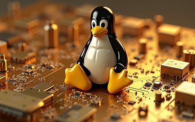 4k, logo 3d golden linux, carte mère dorée, logo linux, emblème linux, logo golden linux, signe linux, pingouin linux