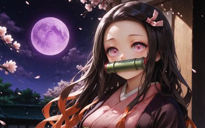 4k, nezuko kamado, moon viola, kimono, demon slayer, occhi viola, protagonista, notte, demon slayer kimetsu no yaiba, manga, kamado nezuko, demon hunter, bavaglio di bambù verde, nezuko kamado kimetsu no yaiba