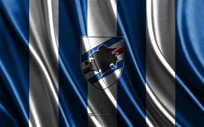 4k, logo uc sampdoria, serie b, consistenza della seta bianca blu, flag uc sampdoria, club di calcio italiano, calcio, bandiera di seta, emblema uc sampdoria, italia, distintivo uc sampdoria, uc sampdoria