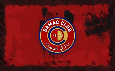 Damac FC grunge logo, 4k, Saudi Professional League, red grunge background, soccer, Damac FC emblem, football, Damac FC logo, Damac FC, Saudi football club, Damac Club