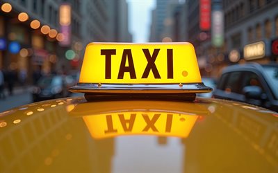 4k, señal de taxi en el automóvil de taxi techo amarillo, letrero de taxi, paisaje de la ciudad, transporte okcepty, taxi, letrero de taxi luminoso amarillo