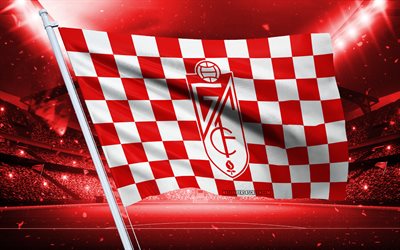 4k, Granada CF logo, Spanish football club, stadium flag, Granada CF fans flag, red white flag, Granada CF emblem, Segunda, Spain, football, Granada CF