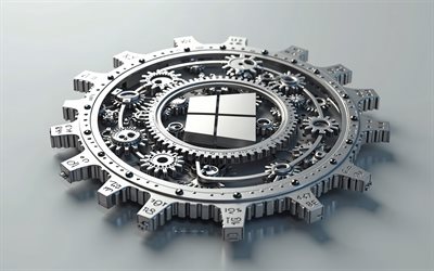 windows 10 logo, 4k, stahlmechanismus, metall zahnräder, windows 10, mechanische kunst, windows 10 emblem, grauer hintergrund, windows  logo, fenster