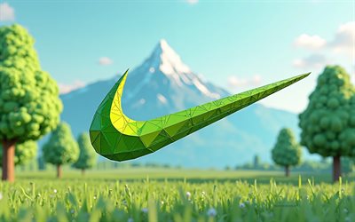 Nike origami logo, 4k, Nike logo, polygon 3d summer landscape, polygon green trees, Nike, creative art