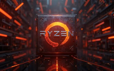 logo ryzen, 4k, fond noir en haute technologie, emblème ryzen, lumière néon orange, processeurs ryzen, logo ryzen 3d, dmla, ryzen