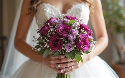 4k, rose viola in mani nuziali, bouquet nuziale, rose viola, bouquet di nozze, sposa con fiori, concetti di matrimonio, modello di matrimonio, rose, nozze