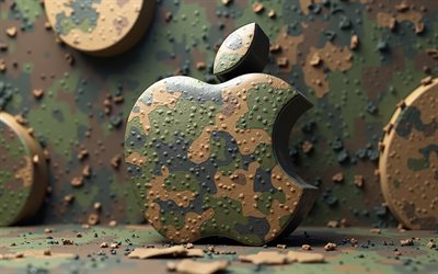 4k, شعار apple التمويه, خوخه, مبدع, خلفيات التمويه, العلامات التجارية, شعار التفاح العسكري, التمويه الأخضر, شعار apple 3d, العمل الفني, شعار apple, تفاحة