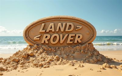 Land Rover logo, 4k, summer, Land Rover logo made of sand, beach, 3d Land Rover logo, sand, Land Rover emblem, Land Rover