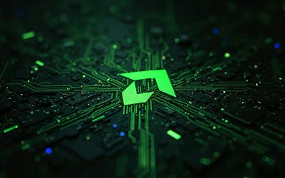 4k, logo green glitter green, bokeh, fond vert hi tech, microcircuits, chef d'orchestre, marques électroniques, créatif, logo amd sur le microcircuit, marques, logo abstrait amd, œuvres d'art, logo amd, dmla