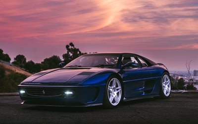 ferrari f355, 4k, sonnenuntergang, 1999 autos, supersportwagen, blue ferrari f355, 1999 ferrari f355, italienische autos, ferrari