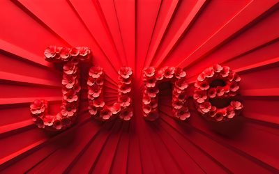 4k, junio, letras florales rojas, rayos abstractos, minimalismo, fondo abstracto rojo, conceptos de junio, creativo, nombres de meses, inscripción de junio, palabra de junio, antecedentes con junio