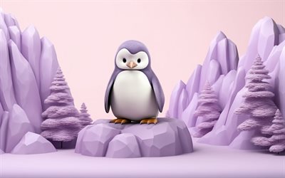 4k, 만화 펭귄, 겨울, 3d 아트, 만화 동물, 재미있는 펭귄, 바이올렛 펭귄, 3d 펭귄, 펭귄