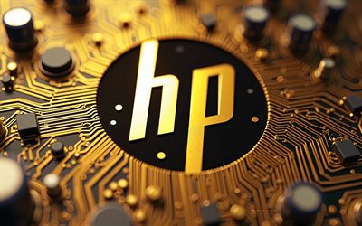 4k, HP golden 3d logo, golden motherboard, HP logo, HP emblem, HP golden logo, HP sign, Hewlett-Packard