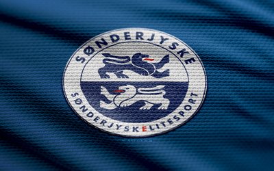 Sonderjyske fabric logo, 4k, blue fabric background, Danish Superliga, bokeh, soccer, Sonderjyske logo, football, Sonderjyske emblem, Sonderjyske, Danish football club, Sonderjyske FC