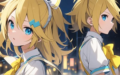 Len Kagamine, Rin Kagamine, 4k, CV02, Vocaloid, night, protagonists, manga, digital art, Vocaloid characters, Kagamine Rin, Kagamine Len, japanese virtual singers, Rin Kagamine Vocaloid, Len Kagamine Vocaloid